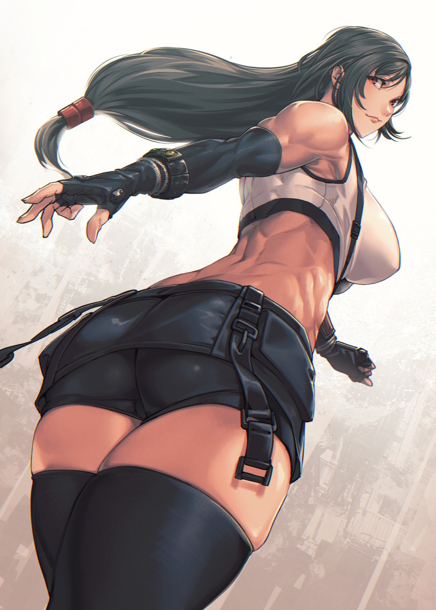 1girl abs bare_shoulders biceps bike_shorts black_hair black_skirt black_thighhighs breasts crop_top earrings elbow_gloves elbow_pads final_fantasy final_fantasy_vii final_fantasy_vii_remake fingerless_gloves foreshortening gloves highres jewelry large_breasts light_smile long_hair looking_at_viewer looking_back low-tied_long_hair midriff mikel_(4hands) muscular muscular_female obliques ponytail red_eyes shirt single_elbow_pad skirt smile solo suspender_skirt suspenders suspenders_gap tank_top taut_clothes taut_shirt thighhighs tifa_lockhart white_tank_top