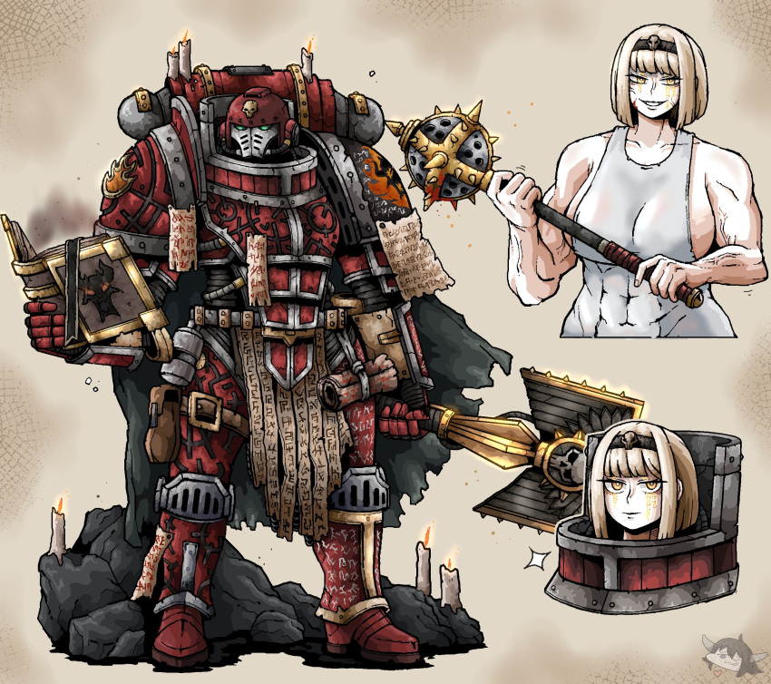 1girl abs adeptus_astartes armor blonde_hanir bob_cut book breasts candle chaos_(warhammer) chaos_space_marine demon explosive facial_tattoo flanged_mace grenade hairband helmet highres looking_at_viewer mace muscular muscular_female octosoup orange_eyes pauldrons pouch power_armor reading scroll short_hair shoulder_armor sideboob solo sparkle spiked_mace spikes tank_top tattoo thigh_pouch warhammer_40k weapon word_bearers