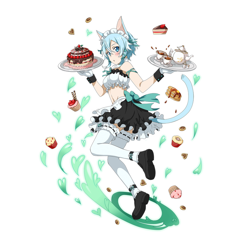animal_ears arm_ribbon blue_eyes blush cake carrying cat_ears cat_tail cookie cup cupcake food frilled_legwear full_body gloves hair_ribbon heart highres light_blue_hair looking_at_viewer maid_headdress pancake ribbon ribbon-trimmed_legwear ribbon_trim saucer short_hair sinon sinon_(sao-alo) skirt solo spoon sword_art_online tail tea teacup teapot thighhighs transparent_background white_legwear