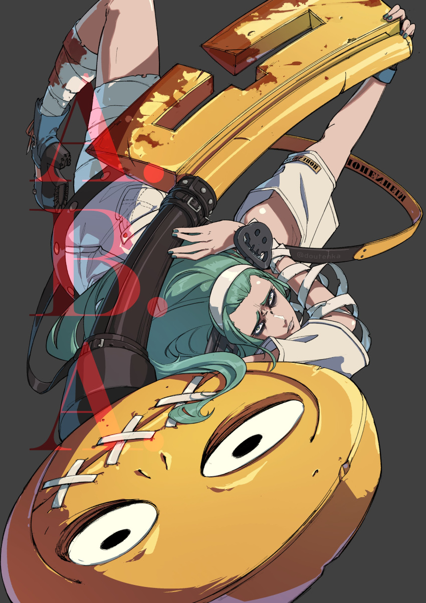 1girl a.b.a absurdres aqua_nails bags_under_eyes bandages bare_shoulders blood blood_on_bandages character_name doutenka green_eyes green_hair grey_background guilty_gear guilty_gear_strive hairband highres key key_in_head long_hair looking_at_viewer object_through_head paracelsus_(guilty_gear) stitched_mouth stitches white_hairband