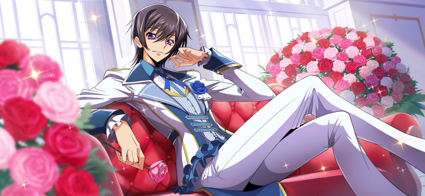 1boy artist_request black_hair blue_flower blue_ribbon blue_rose blue_vest blurry blurry_background bouquet buttons closed_mouth code_geass code_geass:_lost_stories collared_shirt couch crossed_legs flower formal game_cg hair_between_eyes hand_up happy highres holding holding_flower indoors jacket leaning_back legs lelouch_vi_britannia long_legs long_sleeves looking_at_viewer male_focus neck_ribbon non-web_source official_art on_couch pants pink_flower pink_rose pinstripe_pattern pinstripe_vest purple_eyes red_flower red_rose ribbon rose shirt short_hair sidelocks sitting smile solo sparkle tailcoat vest white_jacket white_pants white_shirt window