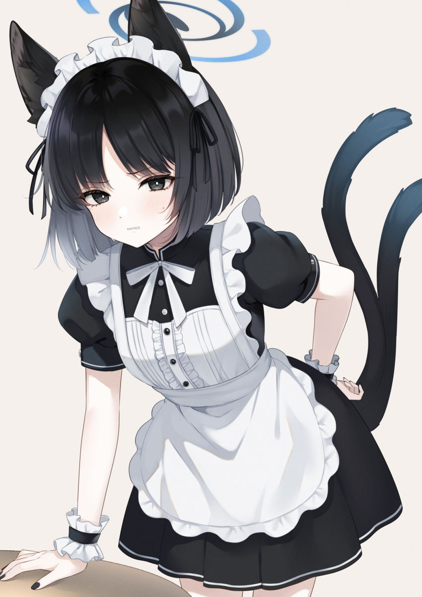 1girl alternate_costume animal_ears apron black_dress black_eyes black_hair black_nails blue_archive blue_halo blush cat_ears cat_tail dress enmaided fingernails frilled_apron frills halo highres kikyou_(blue_archive) maid maid_apron maid_headdress multiple_tails nail_polish open_mouth puffy_short_sleeves puffy_sleeves sasakichi_(ssk_chi) short_hair short_sleeves solo tail two_tails white_apron wrist_cuffs