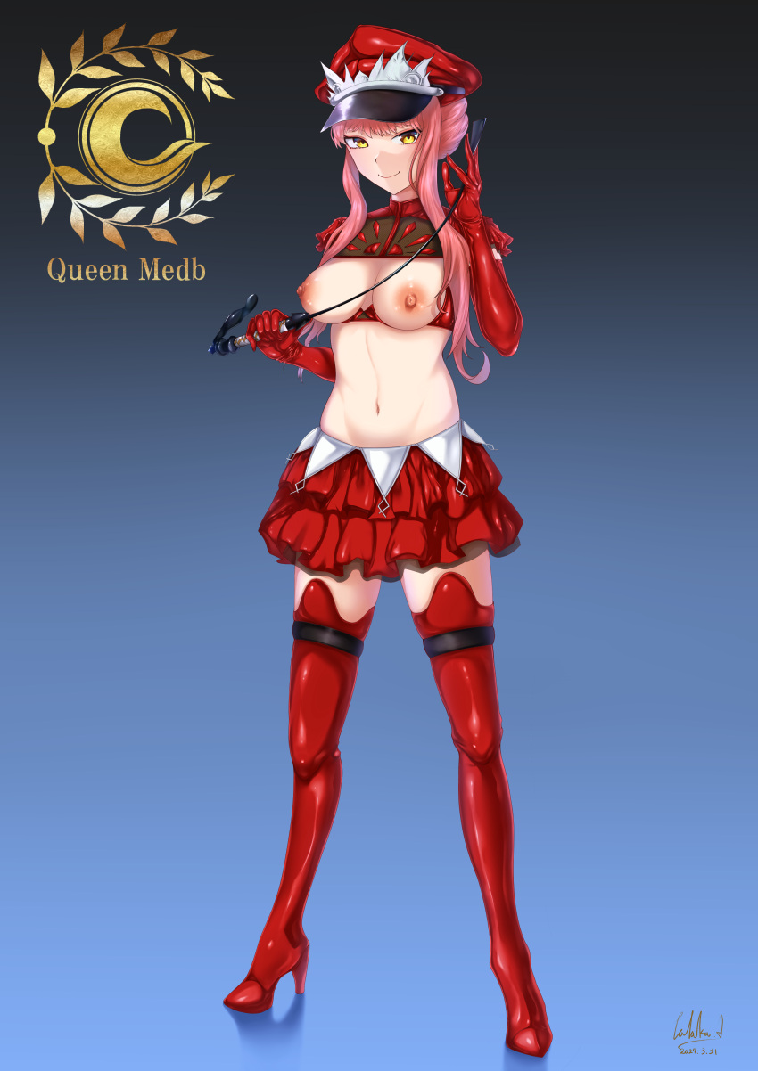 1girl absurdres azumaya_talaka boots breasts breasts_out character_name elbow_gloves fate/grand_order fate_(series) gloves hat high_heel_boots high_heels highres holding holding_riding_crop holding_whip long_hair looking_at_viewer medb_(alluring_chief_warden_look)_(fate) medb_(fate) medium_breasts miniskirt navel nipples peaked_cap pink_hair red_footwear red_gloves red_skirt riding_crop sidelocks skirt smile solo thigh_boots yellow_eyes