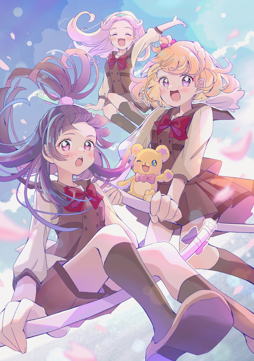 3girls absurdres asahina_mirai blonde_hair blush broom broom_riding brown_skirt closed_eyes commentary_request eyelashes hair_ornament hanami_kotoha happy highres izayoi_liko lilylily0601 long_hair looking_at_viewer mahou_girls_precure! mofurun_(mahou_girls_precure!) multiple_girls open_mouth pink_hair precure purple_eyes purple_hair school_uniform short_hair skirt smile witch