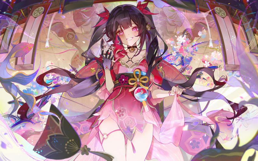 1girl absurdres banner bell black_collar black_gloves brown_hair collar collarbone commentary_request cowboy_shot criss-cross_halter dress fish floating_hair floral_print flower fox_mask gloves gradient_dress grin halterneck hand_up highres holding holding_mask honkai:_star_rail honkai_(series) long_hair looking_at_viewer mask miermere neck_bell obi pink_dress pink_eyes pink_flower red_nails sash single_glove skirt_hold smile solo sparkle_(honkai:_star_rail) twintails very_long_hair white_flower