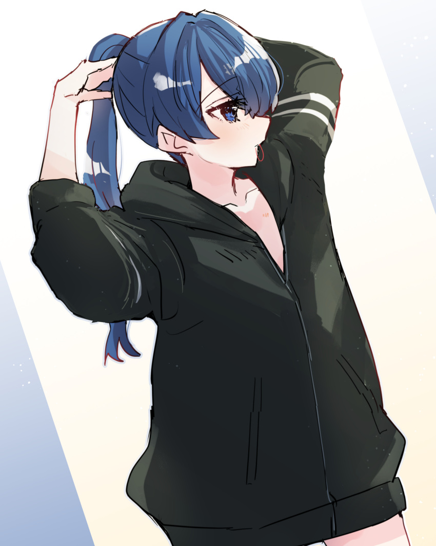 1girl black_jacket blue_eyes blue_hair blush collarbone commentary_request dark_blue_hair hair_tie hair_tie_in_mouth highres jacket kanduki_kamibukuro light_blush link!_like!_love_live! long_hair long_sleeves looking_to_the_side love_live! mouth_hold murano_sayaka naked_jacket partially_unzipped ponytail solo tying_hair upper_body