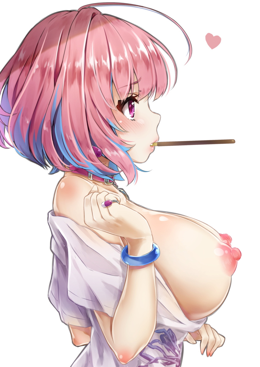 1girl absurdres ahoge bangs blue_bracelet blue_hair blush bracelet breasts breasts_outside collar collarbone earrings eyebrows_visible_through_hair food from_side heart highres hyouta_(yoneya) idolmaster idolmaster_cinderella_girls jewelry large_breasts lips mouth_hold multicolored_hair nipples off_shoulder pill pink_collar pink_eyes pink_hair pocky profile puffy_nipples ring shirt short_hair short_sleeves simple_background solo t-shirt two-tone_hair upper_body white_background yumemi_riamu