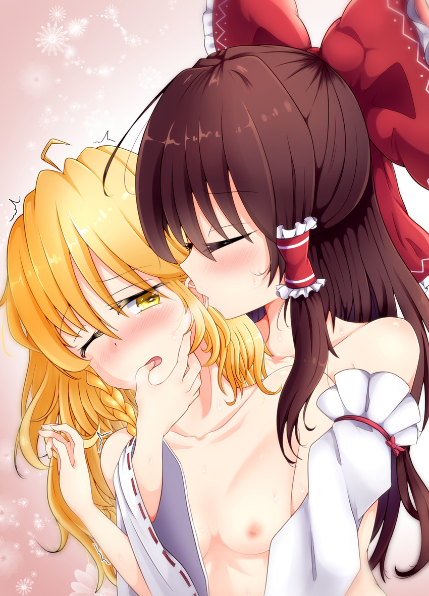 blonde_hair blush bow braid breasts brown_hair closed_eyes commentary_request detached_sleeves ear_kiss finger_in_another's_mouth hair_bow hair_tubes hakurei_reimu highres kirisame_marisa large_bow long_hair messy_hair multiple_girls nipples nude one_eye_closed open_mouth rankasei side_braid single_braid small_breasts sweat tears touhou very_long_hair yellow_eyes yuri