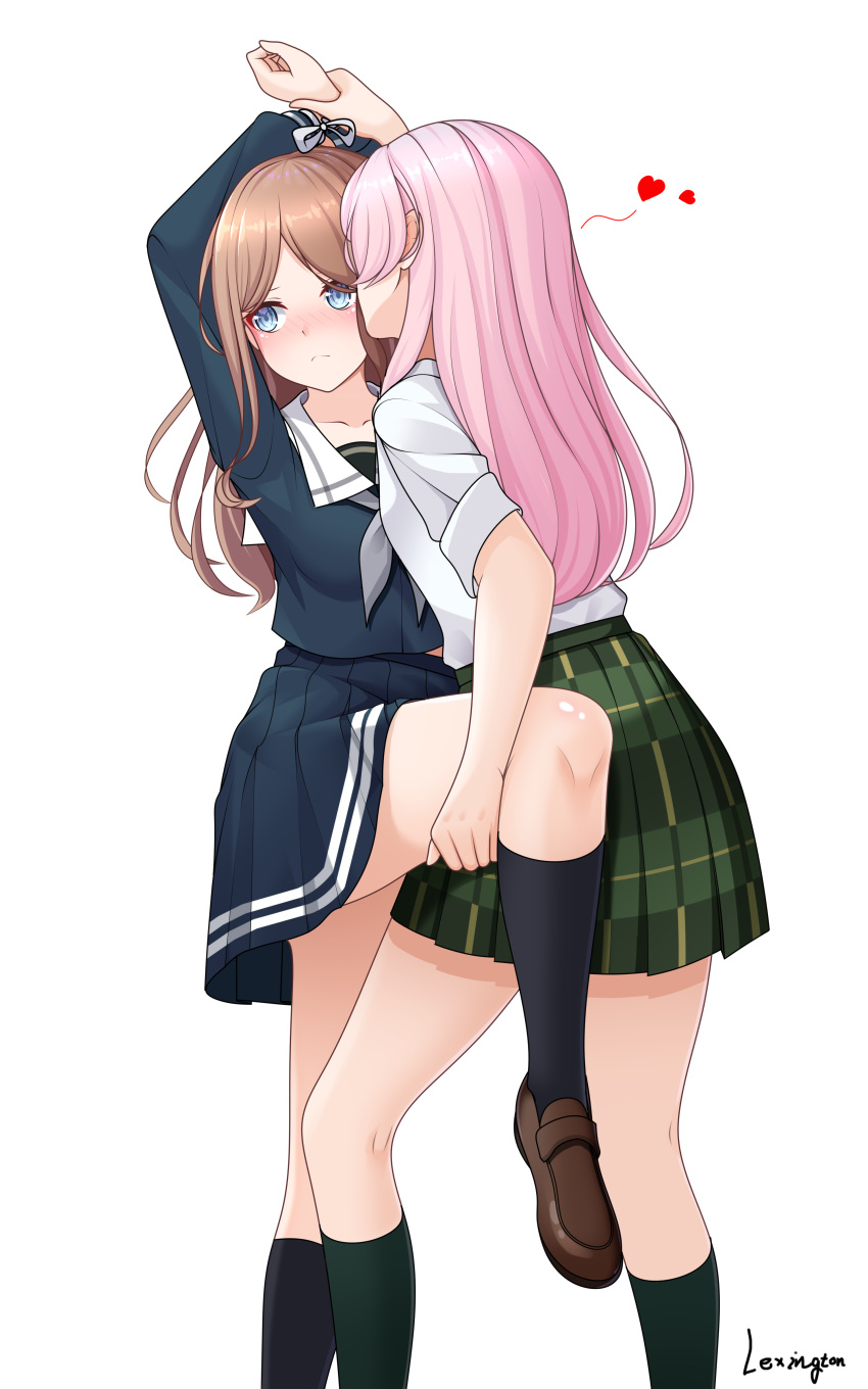 2girls absurdres artist_name bang_dream! bang_dream!_it's_mygo!!!!! black_socks blue_eyes blue_shirt blush brown_footwear brown_hair chihaya_anon chinese_commentary closed_mouth commentary_request fffteam green_skirt grey_neckerchief hand_on_another's_thigh haneoka_school_uniform heart highres kiss kissing_cheek kneehighs leg_up loafers long_hair long_sleeves multiple_girls nagasaki_soyo neckerchief pink_hair pinned plaid plaid_skirt pleated_skirt sailor_collar school_uniform shirt shoes short_sleeves simple_background skirt socks tsukinomori_school_uniform white_background white_sailor_collar white_shirt yuri