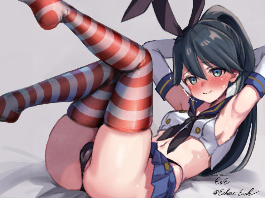 1girl artist_name black_hair black_hairband black_neckerchief black_panties blue_eyes blue_sailor_collar blue_skirt blush cameltoe cosplay crop_top eckert&amp;eich elbow_gloves exercise gloves hairband highleg highleg_panties houshou_(kancolle) kantai_collection long_hair looking_at_viewer microskirt miniskirt neckerchief nose_blush panties pleated_skirt ponytail sailor_collar shimakaze_(kancolle) shimakaze_(kancolle)_(cosplay) shirt sit-up skirt sleeveless sleeveless_shirt smile solo striped_clothes striped_thighhighs struggling thighhighs twitter_username underwear white_gloves