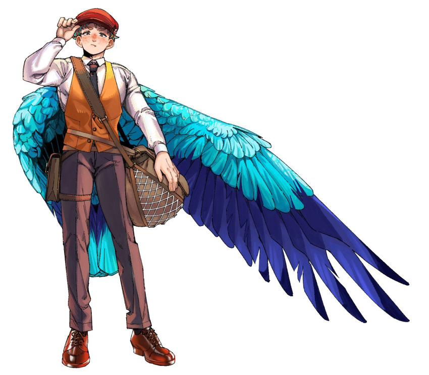 1boy adjusting_clothes adjusting_headwear arm_up bag bird_boy bird_tail bird_wings black_eyes black_necktie blue_hair blue_wings brown_bag brown_footwear brown_hair brown_pants cabbie_hat closed_mouth collared_shirt fang fang_out feathered_wings freckles full_body hat highres long_sleeves looking_at_viewer mailman male_focus multicolored_hair necktie orange_vest original pants pouch red_hat rramarukun shirt short_hair shoulder_bag simple_background solo standing streaked_hair tail thigh_pouch very_short_hair vest white_background white_shirt wings