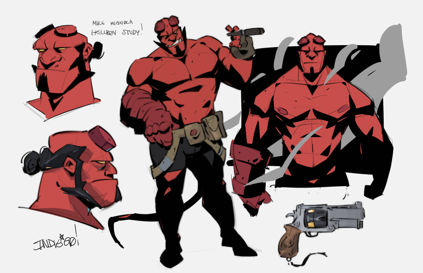 1boy absurdres arts_of_indiego bald_spot bara blank_eyes broken_horn cigar colored_skin demon_boy english_text full_body gun hellboy hellboy_(comic) highres horns large_pectorals looking_at_viewer male_focus mature_male monster_boy multiple_views muscular muscular_male mutton_chops nipples pants pectorals profile red_skin standing strongman_waist thick_thighs thighs topless_male weapon