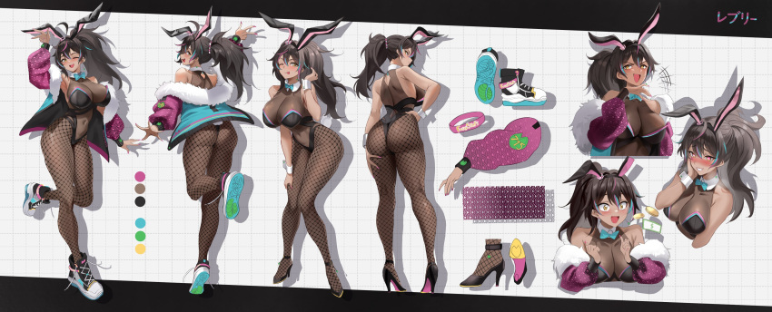 1girl ;p absurdres ahoge animal_ears aqua_jacket armpits ass bare_shoulders black_footwear black_hair black_leotard blue_bow blue_bowtie blue_hair blush bodystocking bow bowtie breasts character_name clothing_cutout coin collar collarbone color_guide cross-laced_footwear dark-skinned_female dark_skin earrings fake_animal_ears fishnet_pantyhose fishnets fur-trimmed_jacket fur_trim hair_between_eyes hand_on_own_cheek hand_on_own_face hand_on_own_hip hand_on_own_thigh heart heart-shaped_pupils high_heels highres indie_virtual_youtuber jacket jewelry large_breasts leotard long_hair money multicolored_clothes multicolored_footwear multicolored_hair multicolored_jacket navel neon_harper off_shoulder one_eye_closed open_mouth pantyhose pink_hair pink_sleeves ponytail rabbit_ears reference_sheet second-party_source shoes stomach_cutout stone_(ksorede) streaked_hair symbol-shaped_pupils teeth thighhighs tongue tongue_out upper_teeth_only virtual_youtuber white_collar white_wrist_cuffs wrist_cuffs yellow_eyes