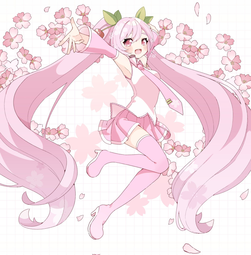 1girl arms_up bare_shoulders boots breasts cherry_blossom_print cherry_blossoms cherry_hair_ornament commentary corrupted_twitter_file detached_sleeves floral_print flower food-themed_hair_ornament full_body grid_background hair_ornament hatsune_miku high_heels highres jumping kusunokimizuha long_hair looking_at_viewer miniskirt necktie open_mouth outstretched_arms pink_eyes pink_flower pink_footwear pink_hair pink_necktie pink_skirt pink_sleeves pink_theme pink_thighhighs pleated_skirt sakura_miku sakuramon shirt skirt sleeveless sleeveless_shirt small_breasts smile solo symbol-only_commentary thigh_boots thighhighs twintails very_long_hair vocaloid white_shirt zettai_ryouiki