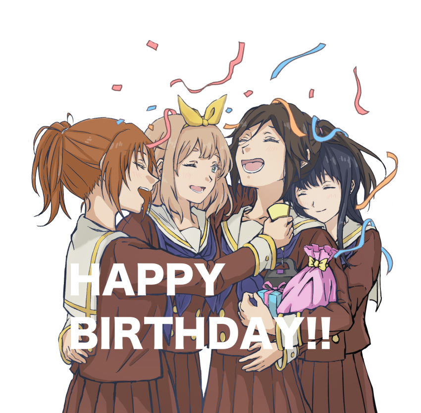 4girls black_hair blue_neckerchief bow_hairband box brown_hair brown_serafuku closed_mouth commentary_request confetti curryisfriend english_text gift gift_box green_eyes hairband hand_on_another's_waist happy_birthday hibike!_euphonium highres hug hug_from_behind kasaki_nozomi kitauji_high_school_uniform liz_to_aoi_tori multiple_girls nakagawa_natsuki neckerchief one_eye_closed open_mouth party_popper ponytail sailor_collar school_uniform serafuku simple_background smile white_background white_sailor_collar yellow_hairband yoroizuka_mizore yoshikawa_yuuko