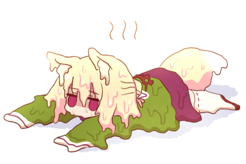 1girl animal_ear_fluff animal_ears blonde_hair empty_eyes fox_ears fox_girl fox_tail full_body green_shirt hair_between_eyes hair_bun hair_ornament hot kemomimi-chan_(naga_u) long_sleeves lying melting naga_u on_stomach original purple_eyes purple_skirt ribbon-trimmed_thighhighs ribbon_trim sailor_collar shaded_face shadow shirt simple_background skirt sleeves_past_fingers sleeves_past_wrists solo tail thighhighs white_background white_sailor_collar white_thighhighs