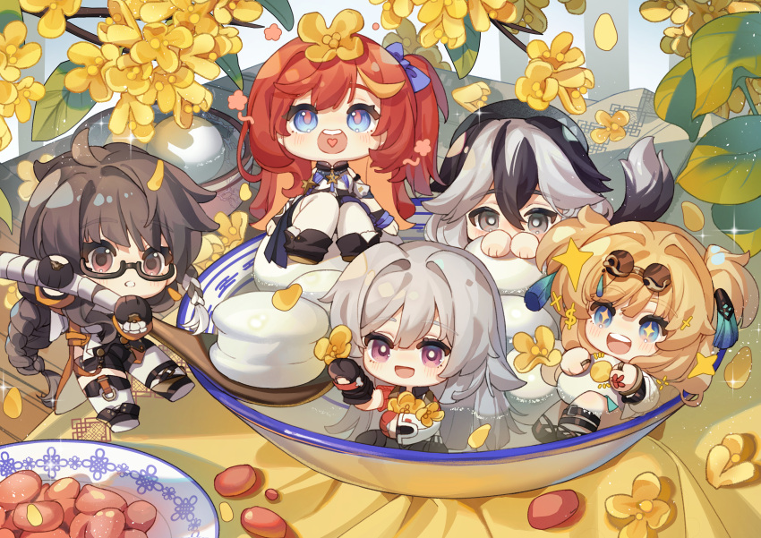 +_+ 5girls absurdres ai_xiao_meng blonde_hair blue_eyes bowl brown_eyes brown_hair chibi coralie_(honkai_impact) entropy_(honkai_impact_3rd) female_dreamseeker_(honkai_impact) flower food heart heart_in_mouth helia_(honkai_impact) highres holding holding_food honkai_(series) honkai_impact_3rd mini_person minigirl multicolored_hair multiple_girls official_art oversized_object red_hair semi-rimless_eyewear senadina_(honkai_impact) songque_(honkai_impact) tail tangyuan two-tone_hair white_hair wooden_spoon yellow_flower