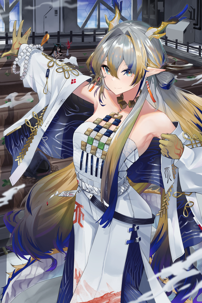 2girls absurdres arknights bare_shoulders blonde_hair blue_eyes choker coat commentary cowboy_shot dusk_(arknights) grey_hair hair_intakes highres horns jewelry long_hair long_sleeves looking_at_viewer multiple_girls nanamilem necklace off_shoulder open_clothes open_coat pants pointy_ears shu_(arknights) siblings sisters smile standing strapless tube_top very_long_hair white_coat white_pants
