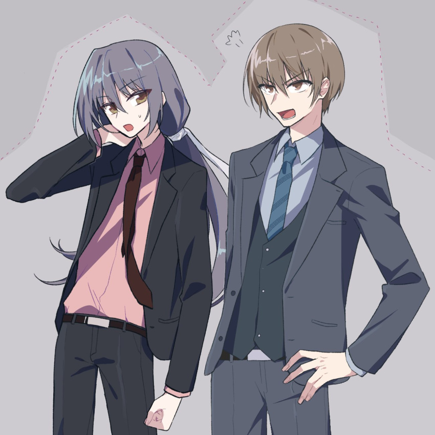 1boy 1girl akatsuki_no_goei belt black_coat black_hair black_pants black_vest brown_eyes brown_hair brown_necktie coat collared_shirt crossdressing grey_background grey_coat hair_tie hand_on_own_hip highres kkmrasas long_hair looking_at_another low_ponytail miyagawa_takanori nanjou_kaoru necktie open_mouth pants shirt striped_necktie suit vest