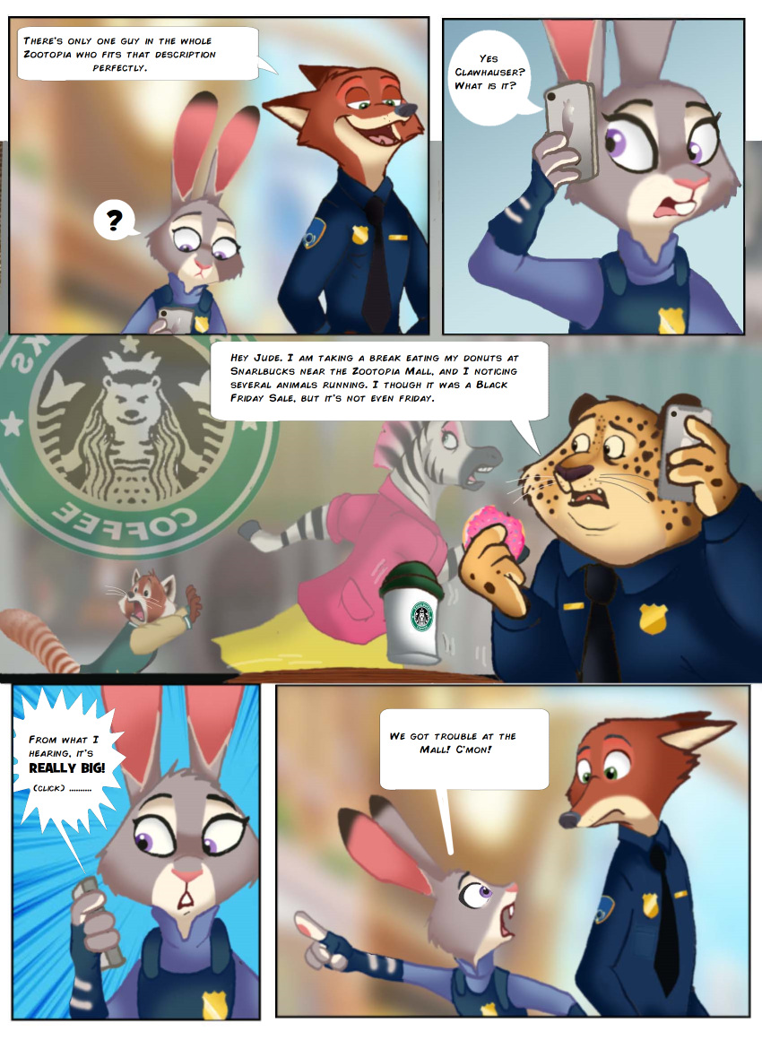 2024 4_fingers ailurid anthro benjamin_clawhauser brown_body brown_fur buckteeth canid canine cheek_tuft cheetah city clothed clothing comic day dessert detailed_background dialogue disney doughnut duo duo_focus english_text equid equine facial_tuft fairytalesartist felid feline female fingers food fox fur green_eyes grey_body grey_face grey_fur group hi_res holding_food holding_object judy_hopps lagomorph leporid looking_at_another looking_at_object looking_down male mammal multicolored_body multicolored_ears multicolored_fur nick_wilde outside pivoted_ears police police_badge police_officer police_uniform purple_eyes rabbit red_fox red_panda smile speech_bubble tail teeth text true_fox tuft uniform zebra zootopia