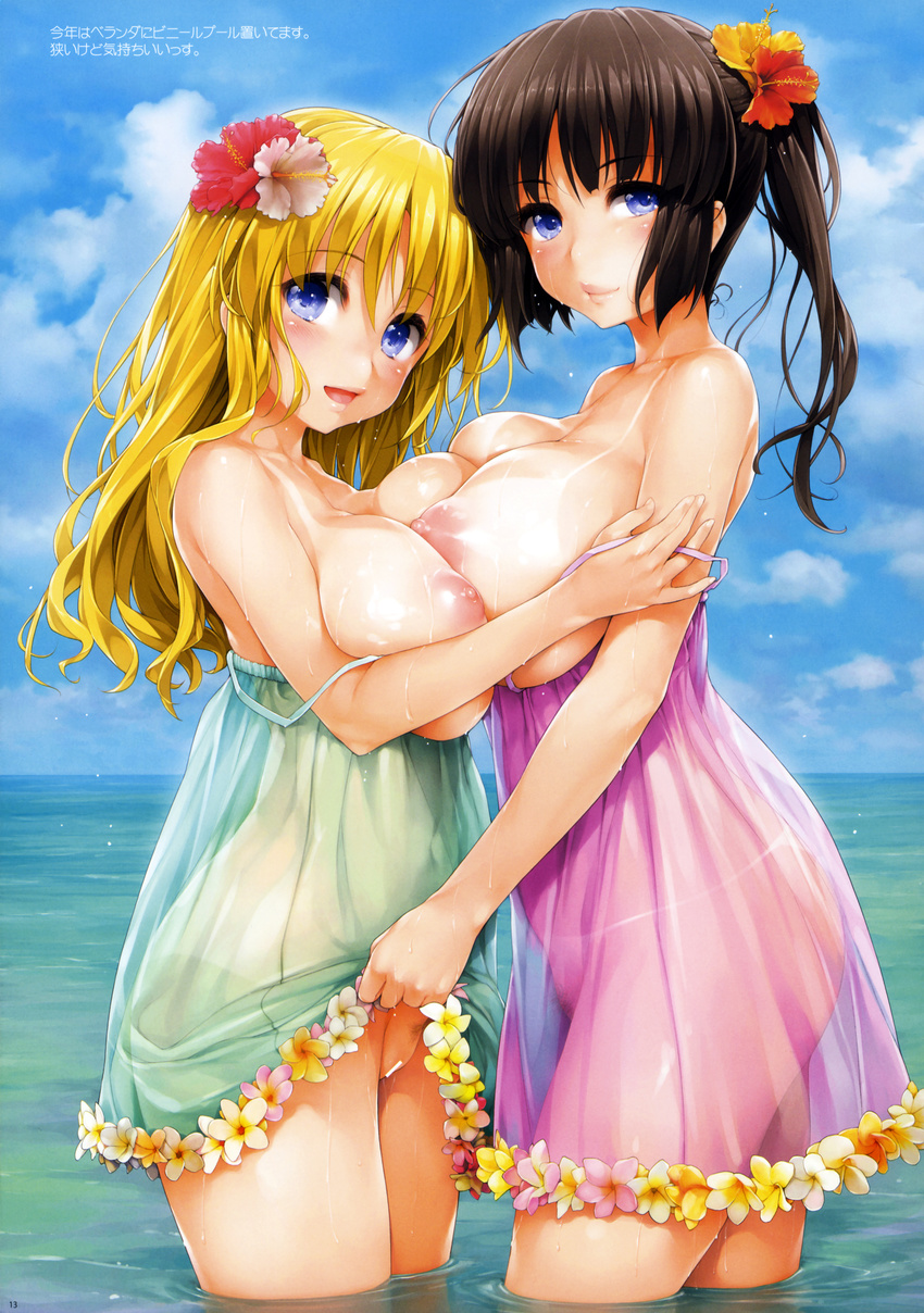 absurdres assisted_exposure asymmetrical_docking bar_censor bikini_tan black_hair blonde_hair blue_eyes blush breast_press breasts censored chie's_mom_(ishikei) chie_(ishikei) cloud comic_exe contrapposto cowboy_shot day dress dress_lift flower from_side hair_flower hair_ornament hibiscus highres huge_breasts ishikei large_breasts lips long_hair looking_at_viewer mother_and_daughter multiple_girls navel nipples no_bra no_panties non-web_source one-piece_tan open_mouth original outdoors page_number plumeria ponytail pubic_hair see-through sky smile standing strap_slip sweat tan tanline translated wading