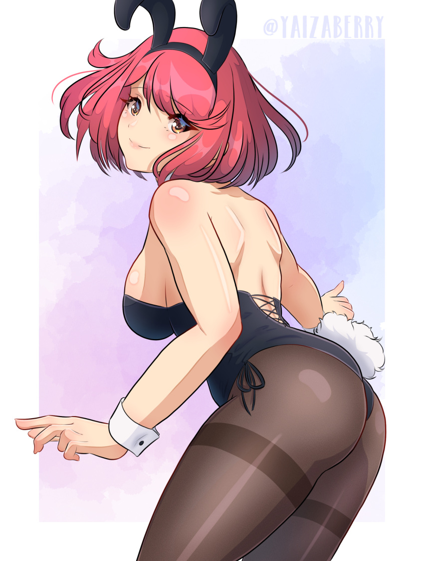 1girl animal_ears ass bare_back blush border breasts cowboy_shot from_behind highres large_breasts light_smile lips looking_at_viewer looking_back outside_border playboy_bunny pyra_(xenoblade) rabbit_ears red_eyes red_hair red_shorts short_hair shorts sideboob solo swept_bangs thighhighs twitter_username white_border wrist_cuffs xenoblade_chronicles_(series) xenoblade_chronicles_2 yaizaberry