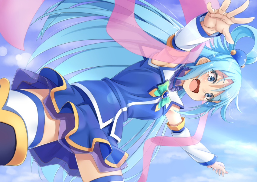 aqua_(konosuba) blue_eyes blue_hair blue_legwear blue_skirt blush eyebrows_visible_through_hair hagoromo kono_subarashii_sekai_ni_shukufuku_wo! long_hair looking_at_viewer miri_(ago550421) open_mouth shawl skirt solo thighhighs