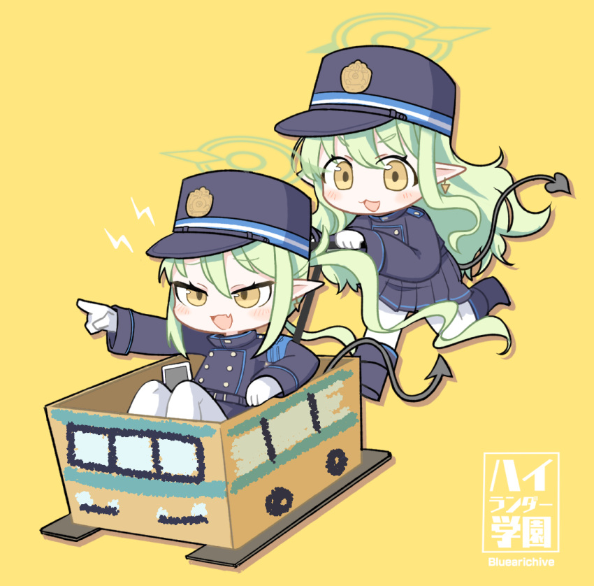 2girls armband black_hat black_jacket black_skirt blue_archive blue_armband blush box cardboard_box chibi chibi_only ebi_gohan fang floating_hair gloves green_hair halo hat highlander_sidelocks_conductor_(blue_archive) highlander_twintails_conductor_(blue_archive) in_box in_container index_finger_raised jacket long_hair long_sleeves looking_ahead looking_at_viewer miniskirt multiple_girls open_mouth outstretched_arm pantyhose pleated_skirt pointing pointy_ears pushing running shako_cap shoulder_boards sidelocks simple_background skin_fang skirt smile twintails v-shaped_eyebrows wavy_hair white_gloves white_pantyhose yellow_background yellow_eyes