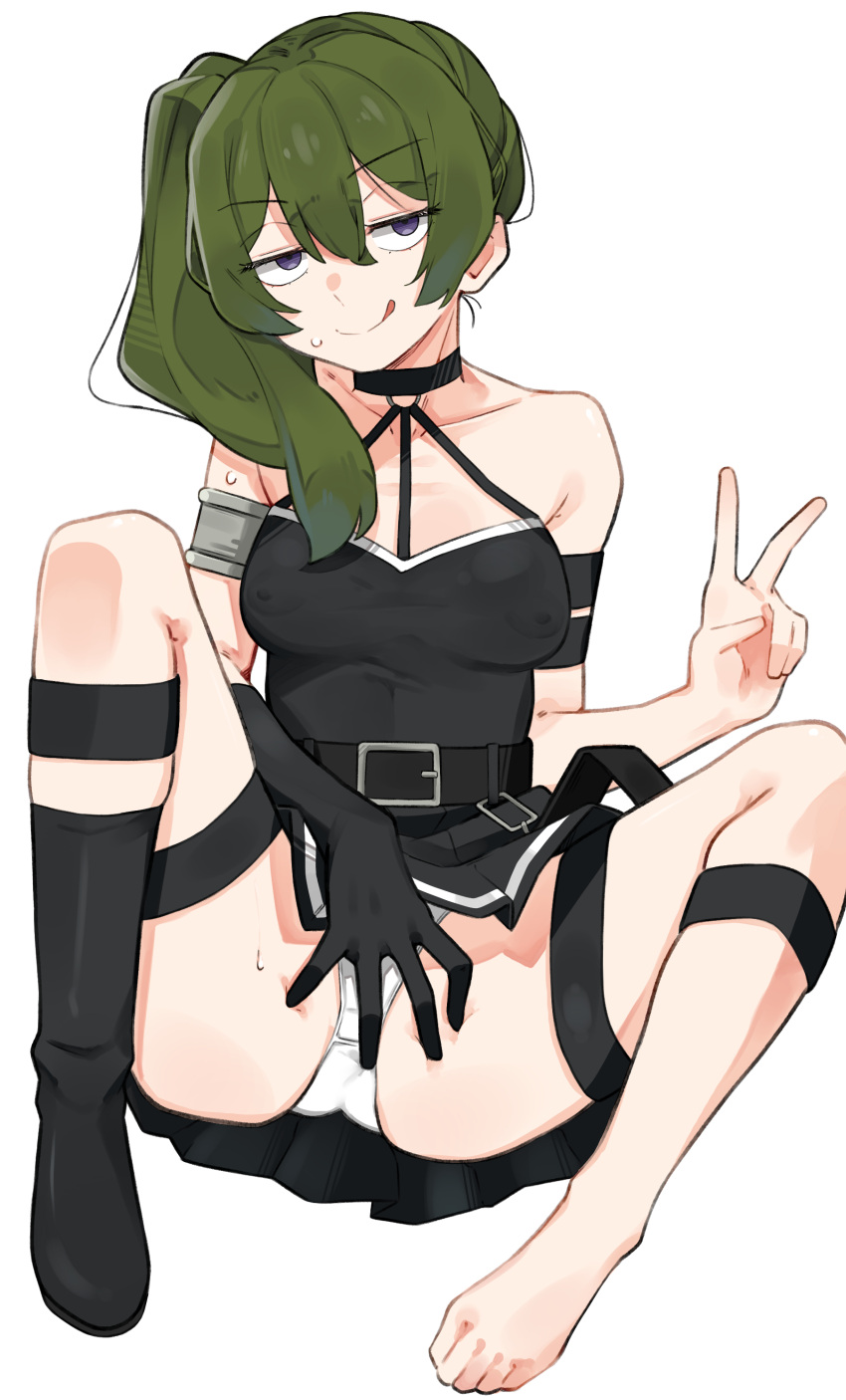 1girl absurdres bare_shoulders black_dress black_footwear black_gloves boots breasts dress elbow_gloves gloves green_hair highres looking_at_viewer m_legs panties purple_hair sattinittas side_ponytail simple_background smile solo sousou_no_frieren tongue tongue_out ubel_(sousou_no_frieren) underwear v white_background white_panties