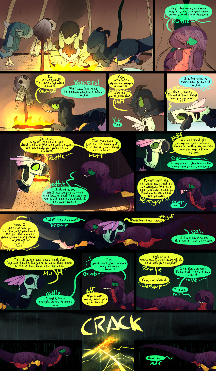 absurd_res comic dialogue dinosaur doerate_(thepatchedragon) dragon dragonscape drekir dromaeosaurid electricity fantasy female feral group hi_res hiker_(thepatchedragon) lightning male mythological_creature mythological_scalie mythology post-apocalyptic raining reptile scalie soaked tent text thepatchedragon theropod