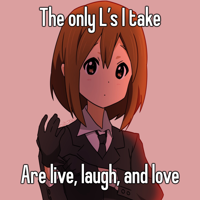 1girl artist_name bad_id bad_twitter_id black_gloves black_jacket brown_eyes brown_hair closed_mouth collared_shirt dot_mouth dot_nose english_text expressionless gloves hands_up highres hirasawa_yui image_macro_(meme) jacket k-on! long_sleeves looking_at_viewer meme necktie pink_background shirt short_hair simple_background solo the_freakin_yui upper_body white_shirt