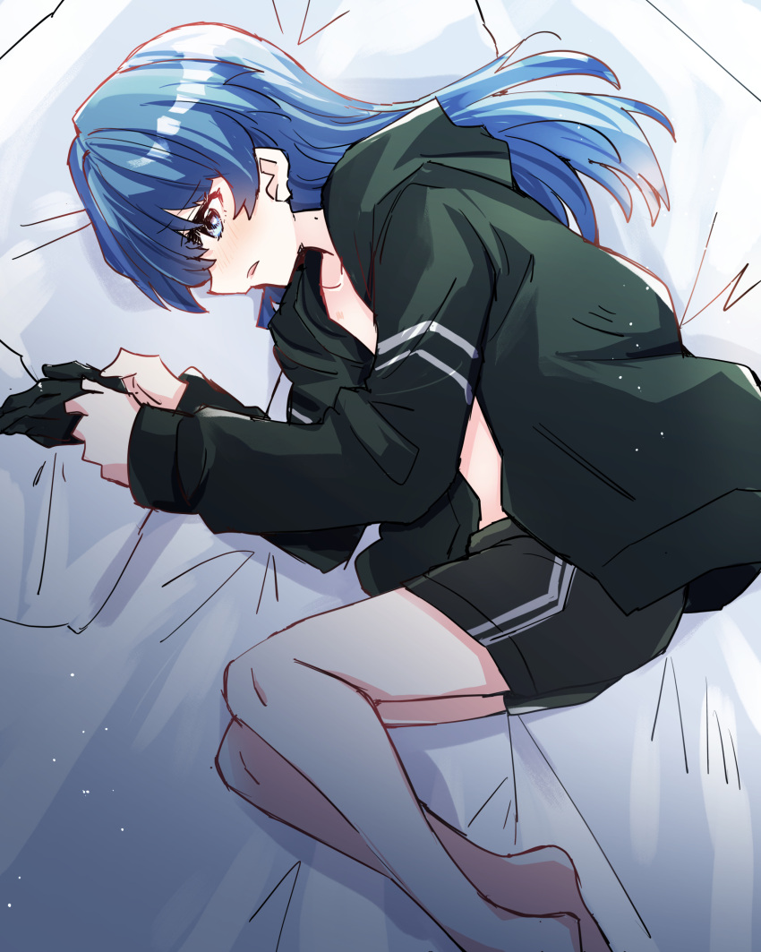 1girl bed black_gloves black_jacket blue_eyes blue_hair blush collarbone commentary_request dark_blue_hair fetal_position flat_chest gloves highres holding holding_clothes holding_gloves jacket kanduki_kamibukuro light_blush link!_like!_love_live! long_hair long_sleeves looking_at_object love_live! lying mole mole_on_neck murano_sayaka no_bra on_bed on_side open_clothes open_jacket parted_lips pillow solo unzipped