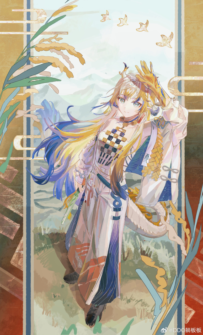 1girl absurdres aqua_eyes arknights arm_up bare_shoulders beads belt bird black_footwear blonde_hair blue_hair chinese_commentary closed_mouth colored_skin commentary_request ddo_(tang_ban_ban) dragon_girl dragon_horns dragon_tail earrings full_body grey_hair grey_horns grey_tail highres holding holding_sword holding_weapon horns jacket jewelry long_hair looking_at_viewer multicolored_hair necklace off_shoulder open_clothes open_jacket pants pointy_ears red_pupils shoes shu_(arknights) smile solo standing sword tail watermark weapon weibo_logo wheat white_belt white_jacket white_pants yellow_horns yellow_tail