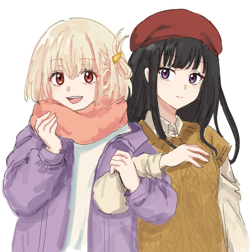 2girls beret black_hair blonde_hair brown_sweater_vest closed_mouth collared_shirt commentary dress_shirt hair_ornament hairclip hashtag_only_commentary hat highres inoue_takina jacket kumtlekumtle locked_arms long_hair long_sleeves looking_at_viewer lycoris_recoil multiple_girls nishikigi_chisato one_side_up open_clothes open_jacket open_mouth pink_scarf purple_eyes purple_jacket red_eyes red_hat scarf shirt short_hair sidelocks simple_background sweater_vest teeth upper_body upper_teeth_only white_background white_shrug