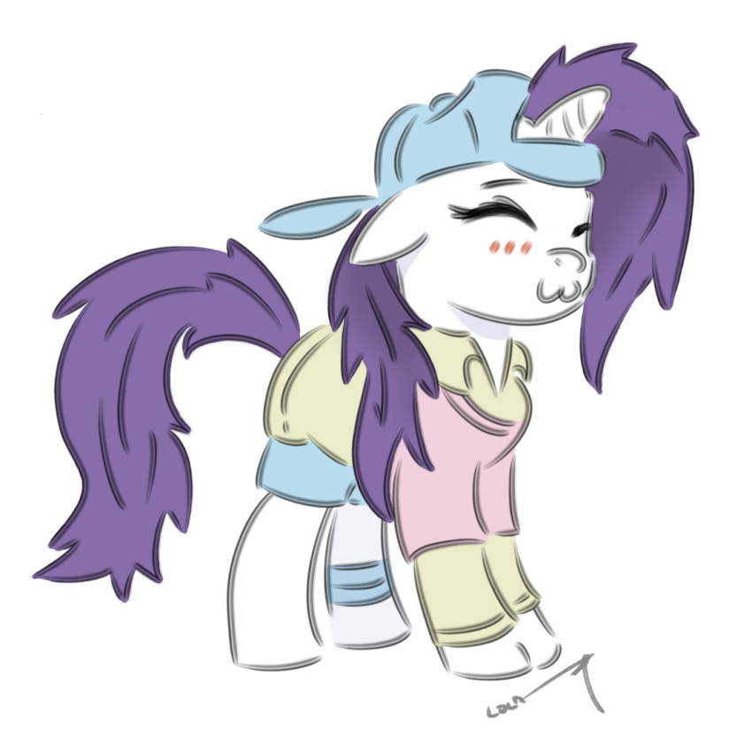 :3 backwards_hat blush blush_lines bottomwear clothed clothing equid equine eyes_closed female friendship_is_magic fur hair hasbro hat headgear headwear horn horse mammal mane my_little_pony mythological_creature mythological_equine mythology pony purple_hair purple_mane purple_tail rarity_(mlp) shirt shorts simple_background smile solo tail topwear tuskonline unicorn white_background white_body white_fur