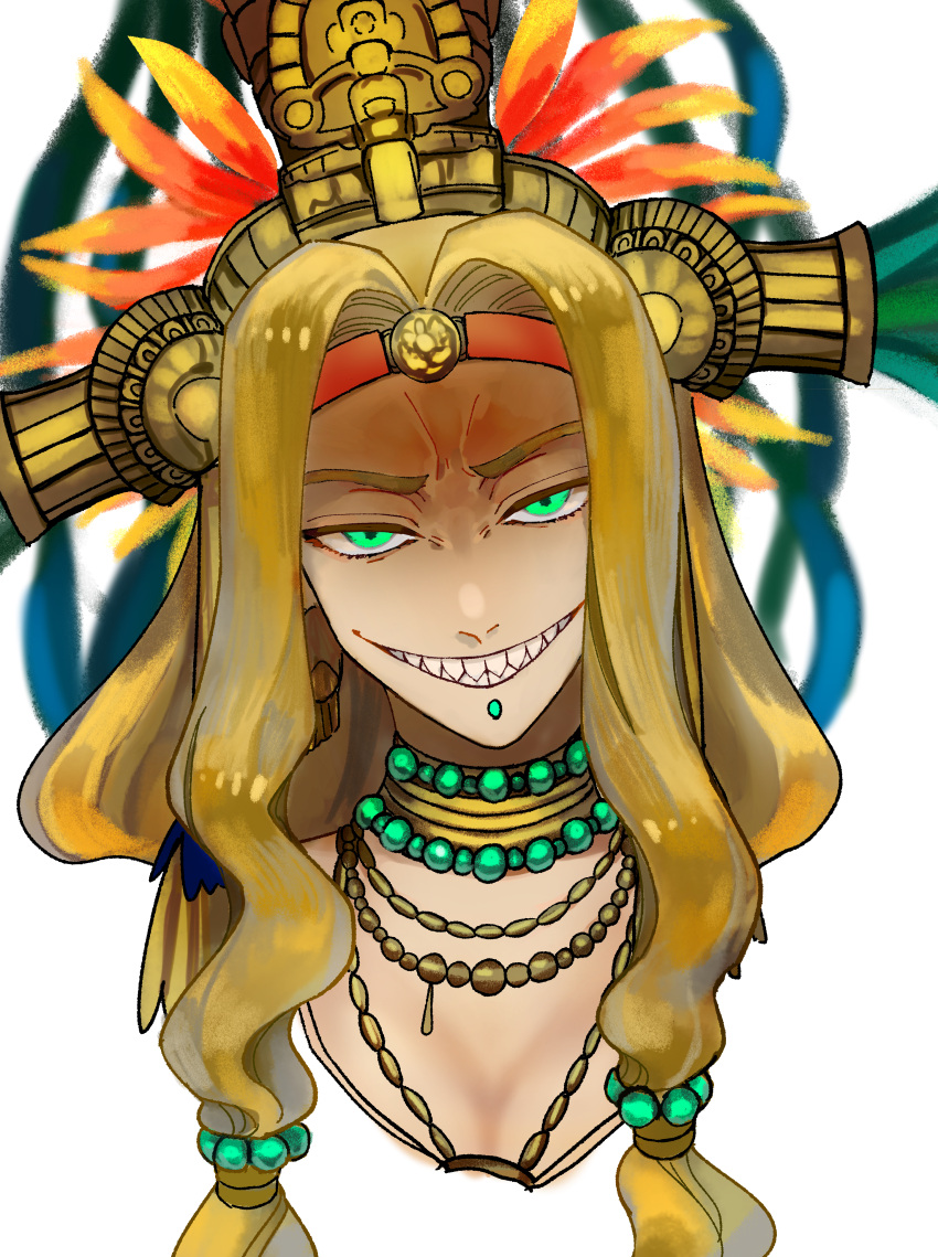 1girl absurdres aztec blonde_hair chin_piercing fate/grand_order fate_(series) gikgikgik green_eyes grin headdress highres looking_at_viewer quetzalcoatl_(fate) reverse_trap sharp_teeth smile solo teeth wavy_hair