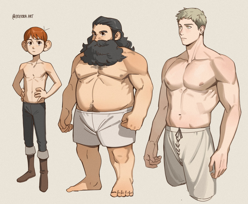 3boys artist_name bara barefoot beard black_eyes black_hair blonde_hair boots brown_hair chilchuck_tims commentary cropped_legs dungeon_meshi dwarf english_commentary etceteraart expressionless facial_hair halfling hands_on_own_hips highres huge_eyebrows laios_thorden large_ears large_pectorals long_beard male_focus male_underwear mature_male multiple_boys muscular muscular_male navel navel_hair pants pectorals plump senshi_(dungeon_meshi) short_hair thick_beard toes topless_male underwear white_male_underwear yellow_eyes