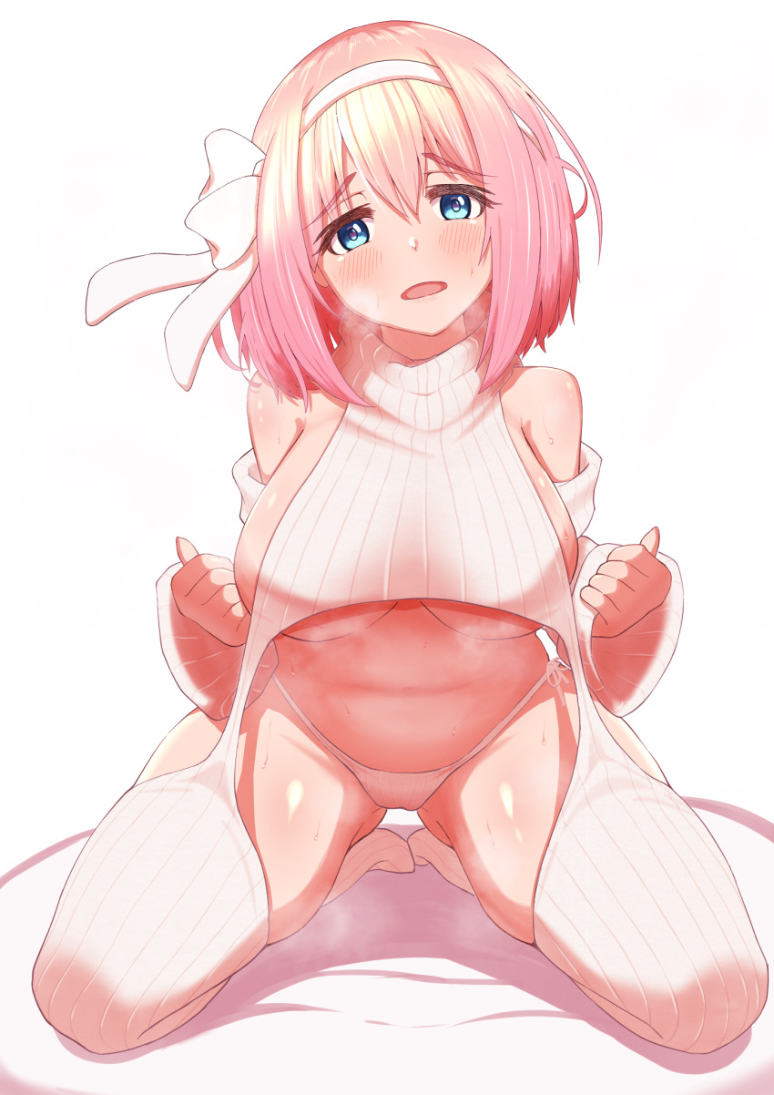 1girl artist_request blue_eyes breasts detached_sleeves hairband highres kneeling large_breasts meme_attire pink_hair princess_connect! short_hair simple_background solo virgin_killer_sweater white_hairband yui_(princess_connect!)