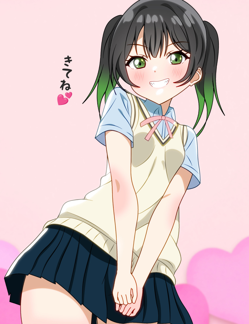 1girl absurdres black_hair blue_shirt blue_skirt blush breasts collared_shirt commentary_request gradient_hair green_eyes green_hair highres looking_at_viewer love_live! love_live!_nijigasaki_high_school_idol_club medium_breasts multicolored_hair neck_ribbon nijigasaki_academy_school_uniform pink_background pink_ribbon pleated_skirt ribbon school_uniform shinonome_sakura shirt short_sleeves sidelocks skirt smile solo summer_uniform takasaki_yu translation_request twintails upper_body vest yellow_vest