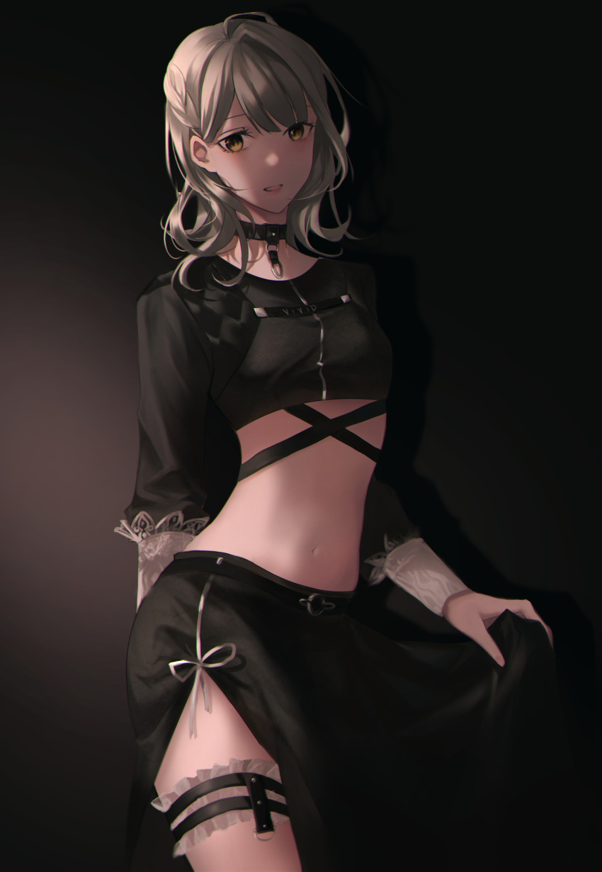 1girl azusawa_kohane black_background black_choker black_skirt breasts choker crop_top dark_background grey_hair highres looking_at_viewer midriff navel orange_eyes project_sekai simple_background skirt small_breasts thighs tsaishanny vivid_bad_squad_(project_sekai)