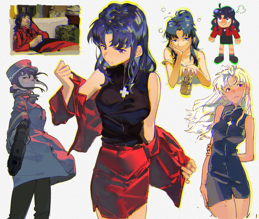 annoyed beer_can breasts can cross cross_necklace drink_can drunk gun holding holding_gun holding_weapon jacket jewelry katsuragi_misato necklace neon_genesis_evangelion purple_hair rebuild_of_evangelion red_jacket red_skirt simple_background skirt tss-mire variations weapon