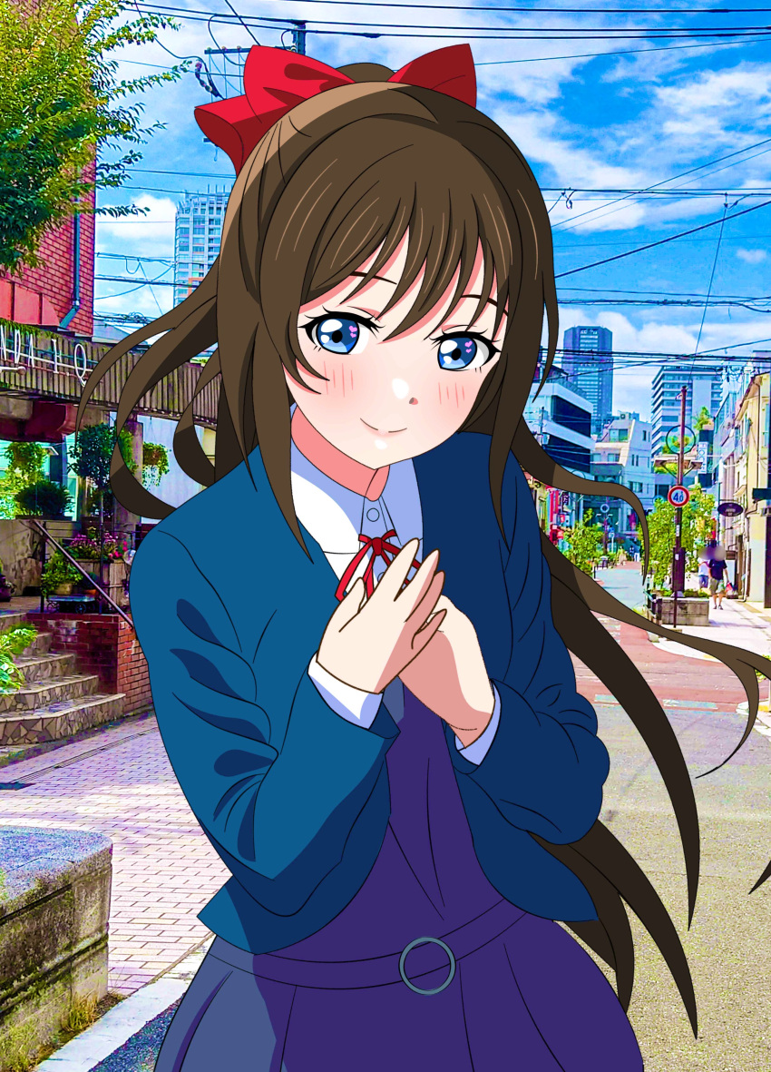 1girl absurdres blue_eyes blue_jacket blush bow brown_hair closed_mouth collared_shirt commentary_request dress hair_bow highres jacket long_hair long_sleeves looking_at_viewer love_live! love_live!_nijigasaki_high_school_idol_club neck_ribbon open_clothes open_jacket osaka_shizuku purple_dress red_bow red_ribbon ribbon school_uniform shinonome_sakura shirt sidelocks smile solo standing upper_body white_shirt winter_uniform yuigaoka_school_uniform