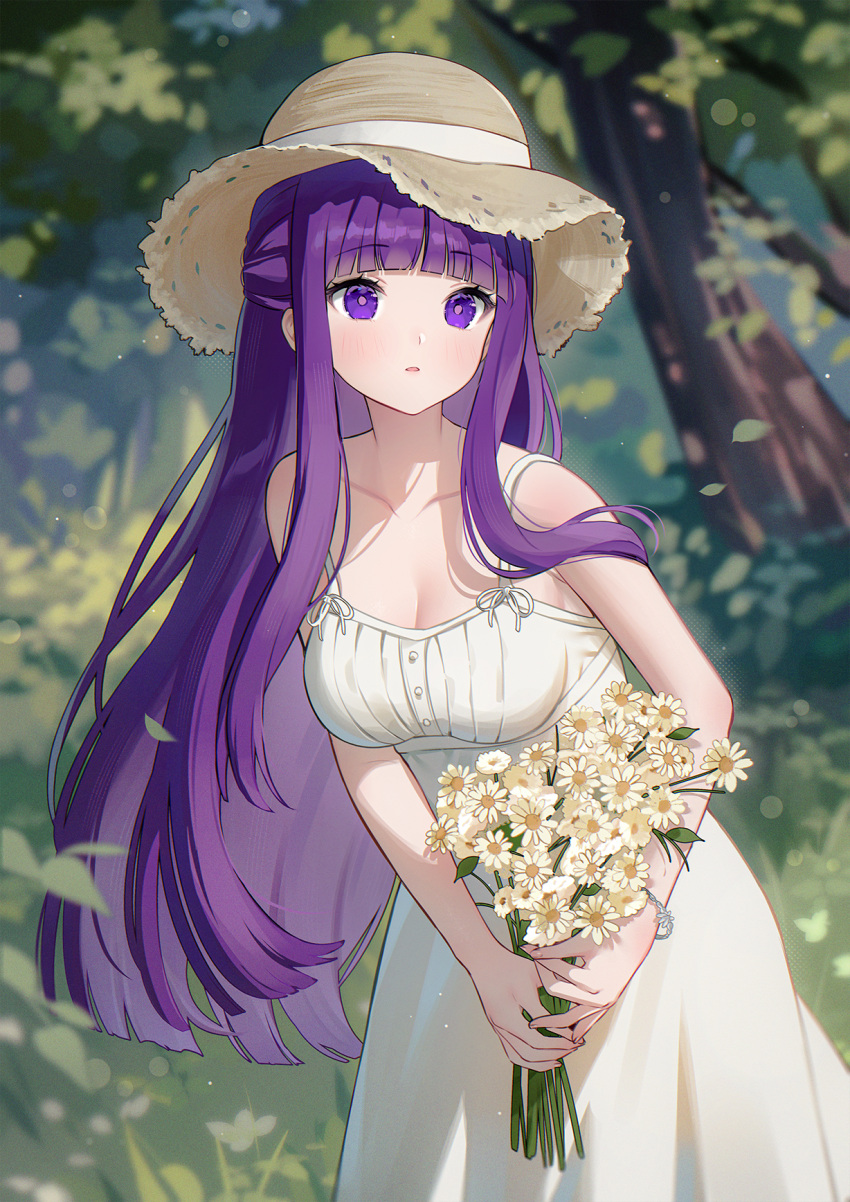 1girl alternate_costume blunt_bangs blurry blurry_background blush breasts cleavage commentary cowboy_shot day dress fern_(sousou_no_frieren) flower forest hat highres holding holding_flower long_hair medium_breasts nami_(nyaa) nature outdoors parted_lips purple_eyes purple_hair sleeveless sleeveless_dress solo sousou_no_frieren standing straight_hair sun_hat very_long_hair white_dress
