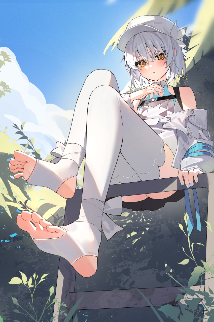 1girl absurdres aqua_nails blue_sky blush choker commentary_request day feet hat highres jacket looking_at_viewer medium_hair off-shoulder_jacket off_shoulder original outdoors peaked_cap plant shirt sitting sky solo thighhighs toes tree white_choker white_hair white_hat white_jacket white_shirt white_thighhighs xiao_lin_jiu yellow_eyes