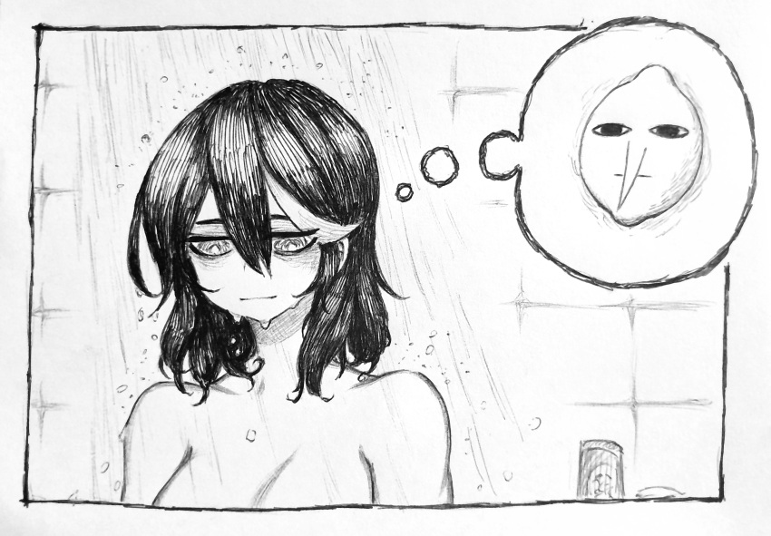 1girl absurdres adventure_time breasts chronozbergh closed_mouth commentary earl_of_lemongrab english_commentary greyscale hair_between_eyes highres kill_la_kill matoi_ryuuko medium_hair monochrome nude showering solo spoken_character thought_bubble traditional_media upper_body wet