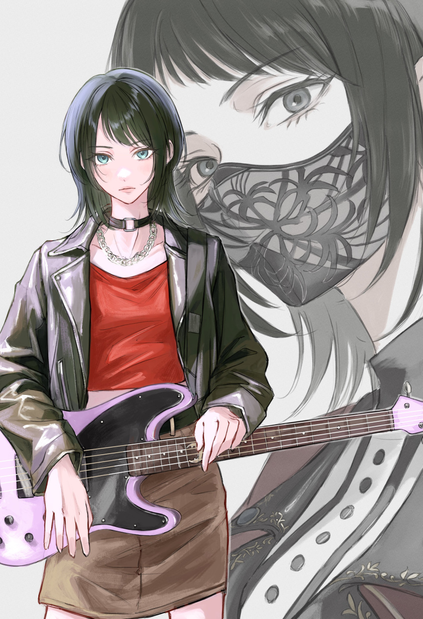 1girl absurdres aqua_eyes arm_rest bang_dream! bang_dream!_it's_mygo!!!!! bass_guitar black_choker black_hair black_jacket brown_skirt chain_necklace choker closed_mouth commentary covered_mouth cowboy_shot grey_background guitar highres holding holding_guitar holding_instrument instrument jacket jewelry leather leather_jacket long_sleeves looking_at_viewer mask miniskirt mouth_mask multiple_views muted_color necklace o-ring o-ring_choker open_clothes open_jacket pencil_skirt red_jacket red_shirt shirt short_hair simple_background skirt standing sushizanmai_(sorahaaoi7) upper_body white_shirt yahata_umiri