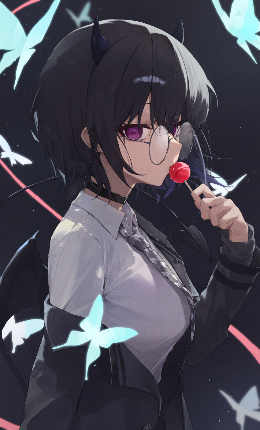 1girl absurdres black_choker black_hair black_jacket breasts bug butterfly candy choker collared_shirt demon_girl demon_horns demon_tail demon_wings earrings food from_side glasses grey-framed_eyewear hand_up highres holding holding_candy holding_food holding_lollipop horns ichinose_uruha ichinose_uruha_(6th_costume) jacket jewelry kiss lollipop long_sleeves looking_at_viewer looking_to_the_side medium_breasts mini_wings necktie off_shoulder open_clothes open_jacket purple_eyes round_eyewear shirt short_hair solo tail tail_raised toi1et_paper upper_body virtual_youtuber vspo! white_shirt wings