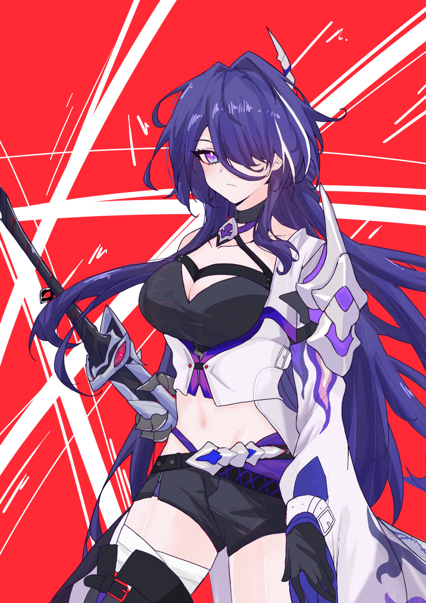 1girl absurdres acheron_(honkai:_star_rail) bandaged_leg bandages black_choker black_shorts choker coat commentary_request cowboy_shot ddman highres holding holding_sword holding_weapon honkai:_star_rail honkai_(series) katana long_hair long_sleeves looking_at_viewer midriff navel purple_eyes purple_hair red_background short_shorts shorts single_bare_shoulder solo standing sword very_long_hair weapon white_coat