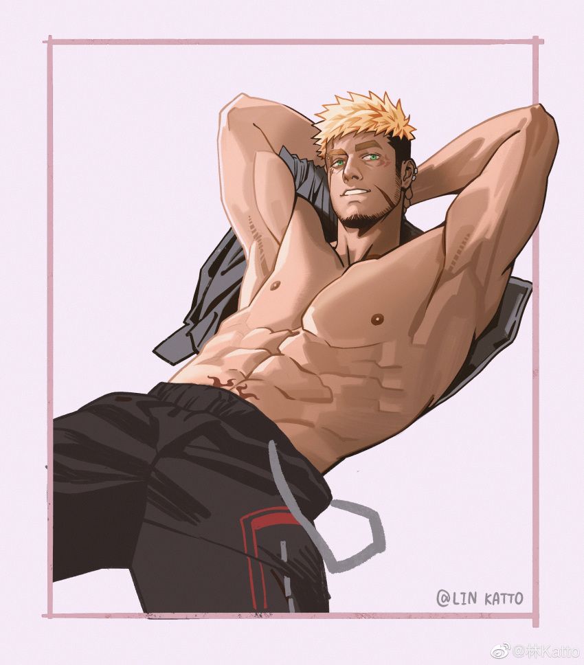 1boy abs absurdres arms_behind_back bara black_pants blonde_hair brown_hair commission dark-skinned_male dark_skin ear_piercing facial_hair feet_out_of_frame from_above goatee gyee highres katto8452 large_pectorals looking_at_viewer lying male_focus mature_male multicolored_hair muscular muscular_male nipples on_back pants pectorals piercing pubic_tattoo romg scar scar_across_eye scar_on_cheek scar_on_face short_hair sideburns solo spiked_hair stomach tattoo thick_eyebrows topless_male two-tone_hair undercut