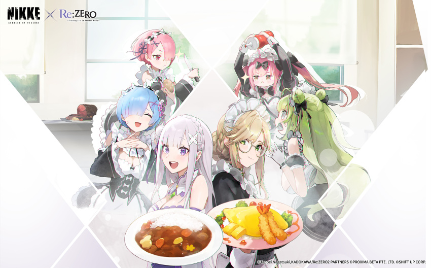 6+girls :&lt; absurdres ade_(nikke) apron arms_up artist_request black_dress blue_hair brown_hair carrot closed_eyes closed_mouth cocoa_(nikke) commentary copyright_name cropped curry curry_rice dress emilia_(re:zero) english_commentary false_smile food gloves goddess_of_victory:_nikke green_eyes green_hair hair_over_one_eye highres holding holding_plate indoors ketchup long_hair long_sleeves looking_at_viewer maid maid_apron maid_headdress medium_hair multiple_girls omelet omurice open_mouth own_hands_together pink_eyes pink_hair plate potato purple_eyes ram_(re:zero) re:zero_kara_hajimeru_isekai_seikatsu rem_(re:zero) rice second-party_source shrimp shrimp_tempura smile soda_(nikke) sparkle sweatdrop tempura white_dress white_gloves white_hair worried